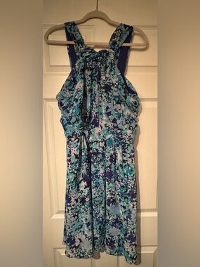 New York & Company Sz 14 Royal Blue Green Purple Floral Print Halter Dress